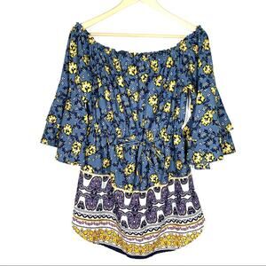 Blush bell sleeve off shoulder blue w yellow floral peasant blouse top large L
